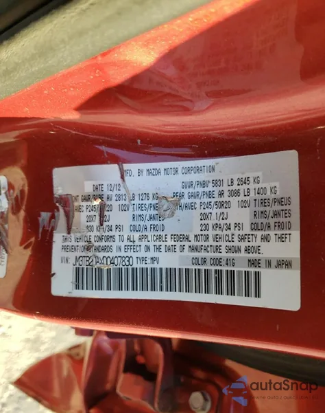 2013 Mazda Cx-9 Grand Touring z USA, uszkodzony, nr VIN JM3TB2DAXD0407830